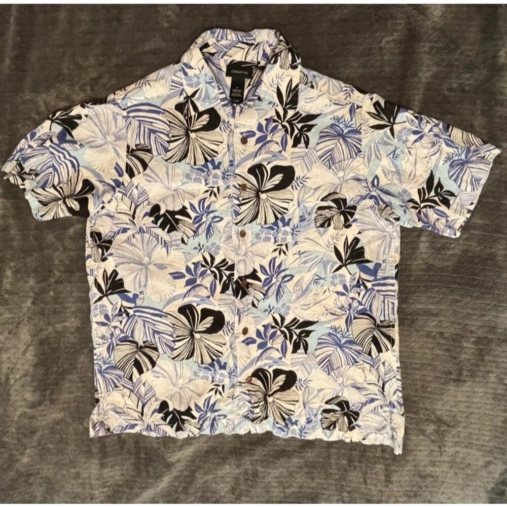 Claiborne Men's Hawaiian Shirt Short Sleeve Button Up Blue Floral Medium